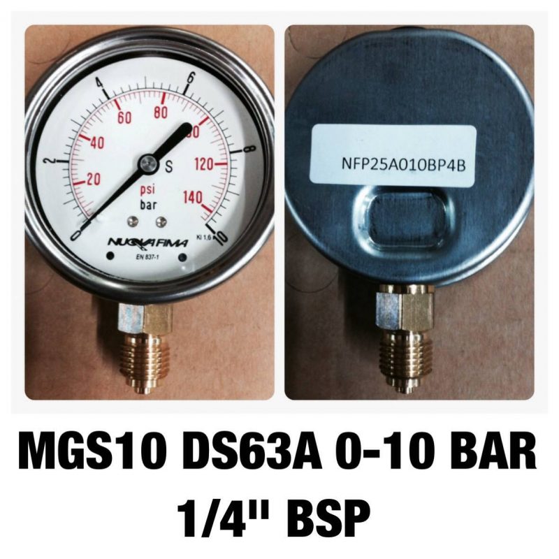 เกจ 2.5 เกลียวทองเหลือง ออกกล่าง 1 Bar-40 Bar MGS10 DS63A 0-10 BAR 1/4" BSP