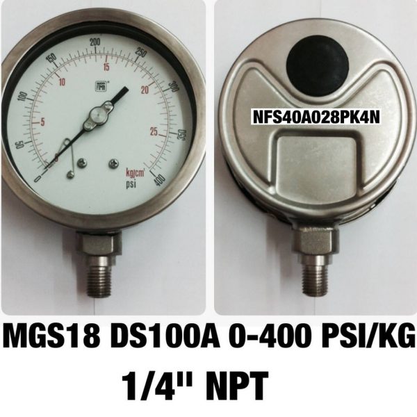 เกจ 4 สแตนเลส ออกล่าง MGS18 DS100A 0-400 PSI/KG 1/4" NPT